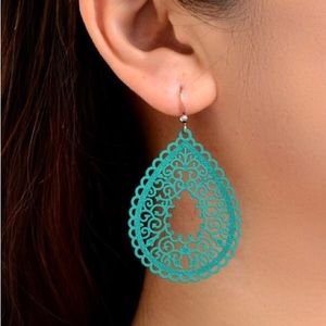 Filigree Earrings Dangle Bohemian Large Metal Teal Green NEW